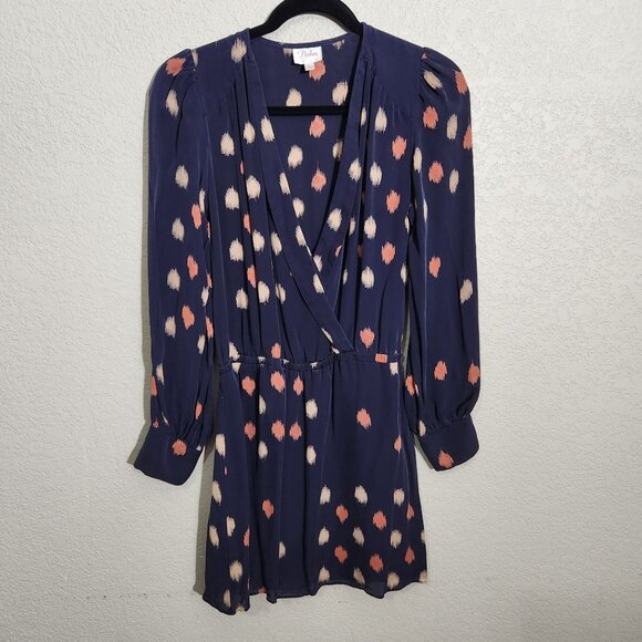 Parker Dress Womens Small Navy Blue Long Sleeve Polka Dot Wrap Dress Button Cuff - Picture 1 of 12